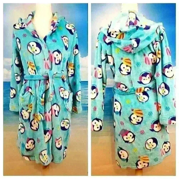 KOMAR KIDS Girls TEAL AQUA BLUE Bathrobe SOFT Dressing Gown FUZZY HOODIE size Lg - Picture 1 of 7